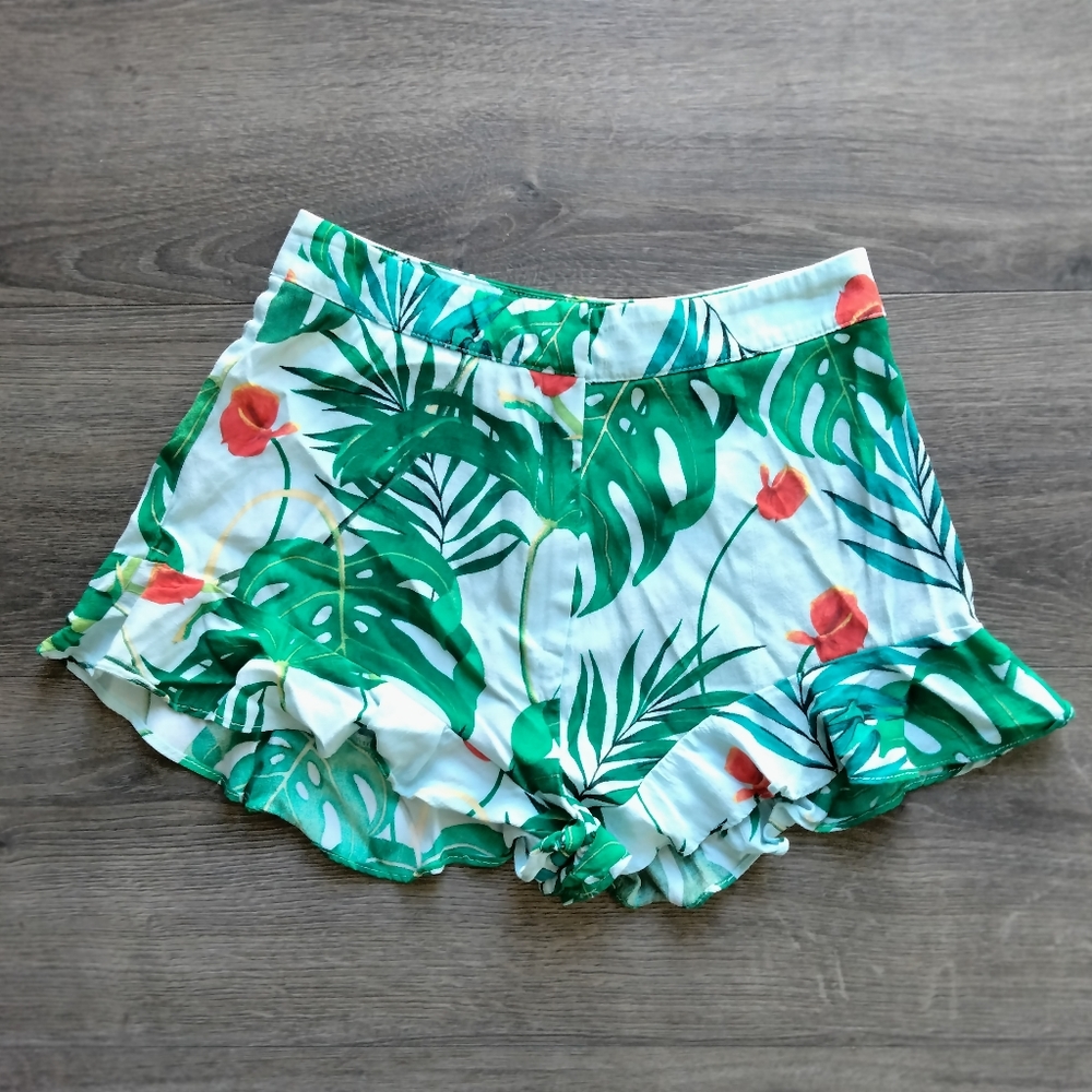 Zara Floral Green Culotte Shorts Palm Tree Comfort Boho Womens Size Small